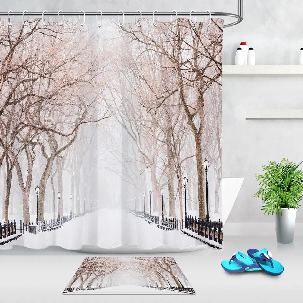 Winter Snow Scene Snow Tree Street Bathroom Polyester Fabric
