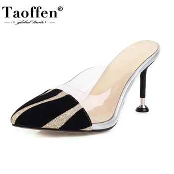 

Taoffen Plus Size 33-43 Women Sandals Summer Daily Shoes Women Sexy Leather Pattern Pointed Toe Thin Heel Slip On Slippers
