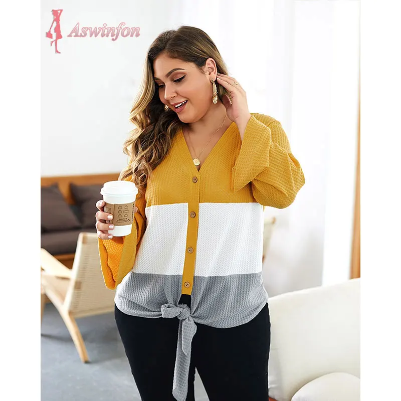 

Aswinfon Plus Size Button Up Sweater Women Autumn Casual Loose Knitted Blouse Top For Ladies Long Sleeve Large Size Knitwear For