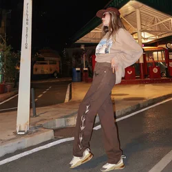 Calças de brim femininas bordadas marrom high street retro reta perna larga calças de brim hip hop jeans skate streetwear y2k jean