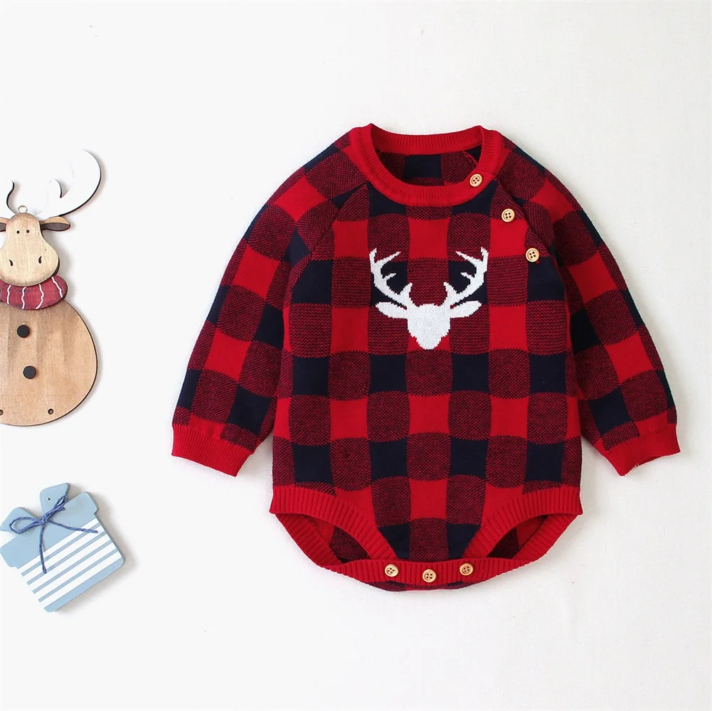 Новые модные детские рождественские клетчатые боди для новорожденных девочек и мальчиков, вязаные боди с рождественским оленем, клетчатые хлопковые вязаные милые комбинезоны