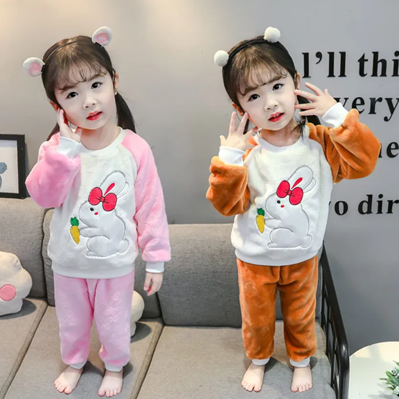 Детский пижамный комплект для девочек; флисовая Пижама с кроликом; одежда для детей; сезон осень-зима; пижамный комплект для маленьких девочек 2-7 лет