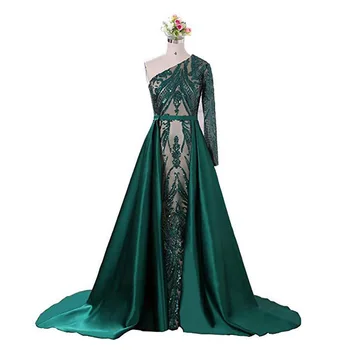 

2019 New Fashion High Quality Evening Dress One Shoulder Detachtable Train Full Sleeve Mermaid Prom Dress Sequins Party Dresses