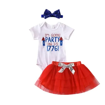 

Newborn Baby Girl Clothes 4th of July Outfits Short Sleeve Romper Lace Skirt Headband Baby Clothes for American Independence Day
