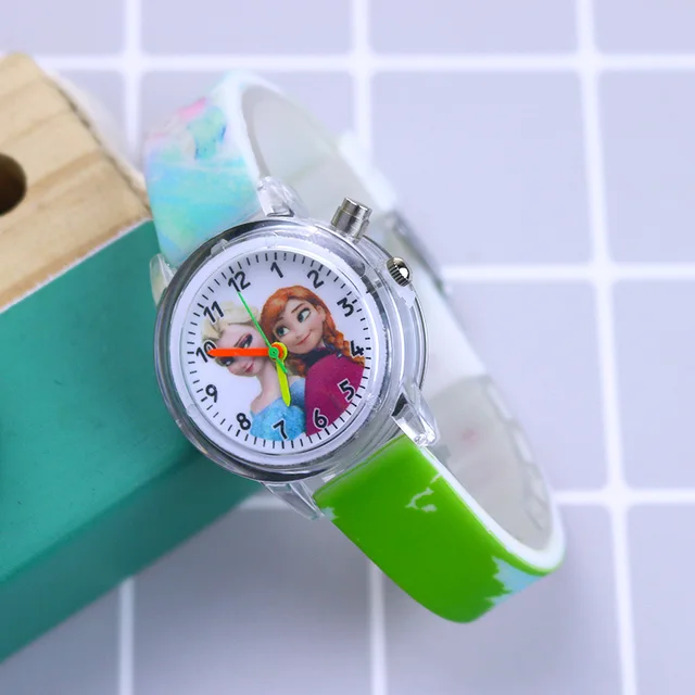 Disney Princess Elsa Kids Watches Girls Silicone Strap Cartoon Rabbit Dinosaur Light Children Wrist Watch Clock reloj infantil Girls Green