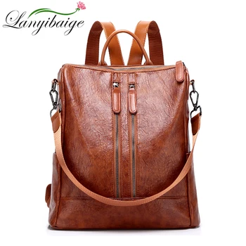 

LANYIBAIGE Anti Theft Leather Backpack Casual Double Zipper Backpack Vintage Female Travel Backpacks for Girls School Brown Bags