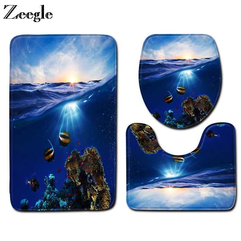Zeegle Bath Mat Set Toilet Seat Cover Anti Slip Bathroom Doormat Showr Mat Toilet Pedestal Rug Foot Mat 3pcs Bathroom Toilet Set