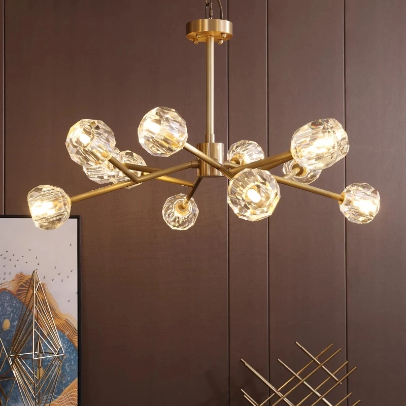 Post-Modern LED Luxury Crystal Chandelier Lighting All Copper Chandelier for Living Room Bedroom Chandelier Kitchen Hanging Lamp