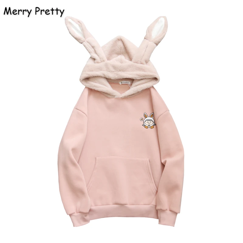 Merry Pretty женские толстовки с мультяшным принтом толстовки с ушками на капюшоне зимние теплые бархатные пуловеры с капюшоном и длинным рукавом