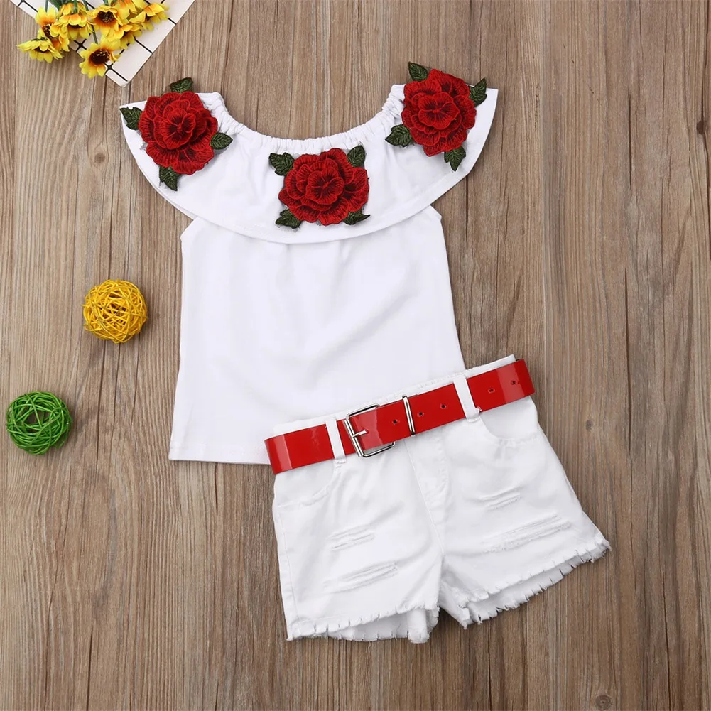 New Fashion Kids Girl Clothes Sets Children Girl Flowers Ruffles Vest Tops Holes Shorts with Belt Summer 2Pcs Outfits 1-7Y