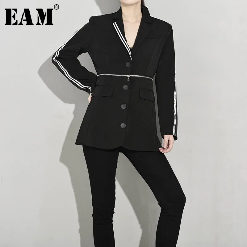 

[EAM] Women Black Striped Split Joint Zipper Blazer New Lapel Long Sleeve Loose Fit Jacket Fashion Spring Autumn 2019 1A51201