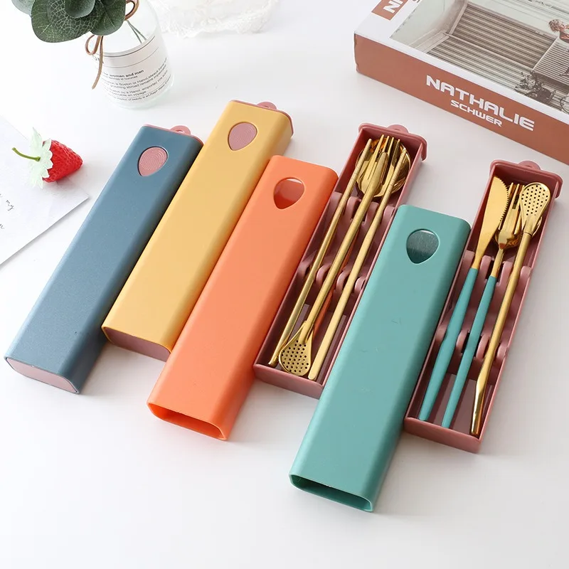 3PCs/4PCs Glossy Stainless Steel Tableware Spoon Fork Knife Straw Reusable Travel Cutlery Set Camp Utensils Set Portable Case