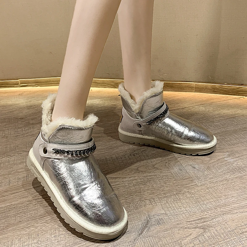 Rimocy fashion winter silver patent leather womens boots high platform thick long plush warm snow boots woemn cotton shoes