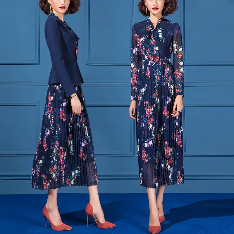 Dress Suit 2 Piece Set Bow Tie Neck Women Elegant Floral Print Long Pleated Dress For Office Lady Spring Autumn Blazer Jacket