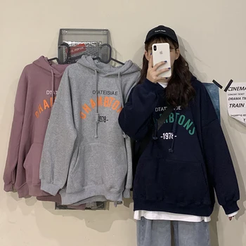 

Autumn Winter Korea Style Women Fashion Oversized Lined Hooded Long Sleeve Fleece Pullover Printed Student Casual Sweatshirts