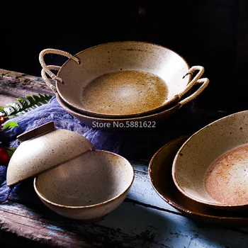 

Japanese Style Handmade Ceramic Pottery Dish Home Retro with Hemp Rope Round Tray Large Soup Steak Salad Deep Dinner Plate