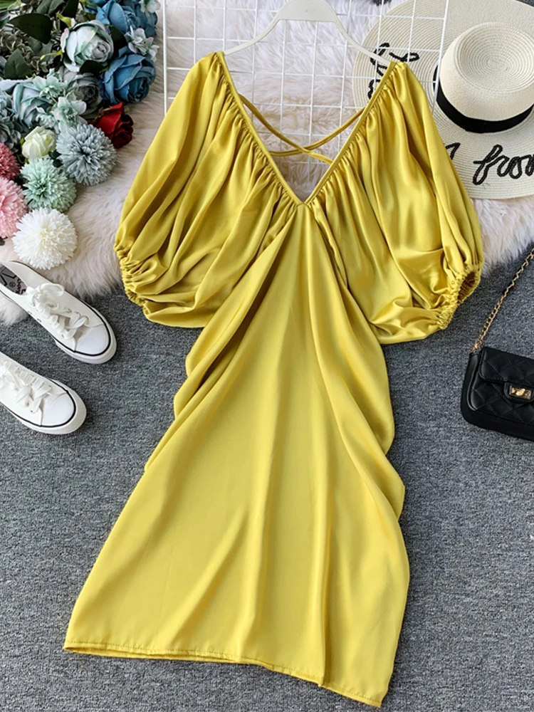 2021 Summer Women's Dress Korean Casual Solid Color V-neck Lantern Sleeve Dress New Loose and Thin Short Feamle Dresses DE781 boho dresses