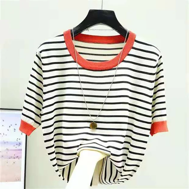 Shintimes Striped Tee Shirt Femme Tops Summer T Shirt Women Thin Ice Silk Knitted T-Shirts Short Sleeve Clothing Camisetas Mujer Red collar