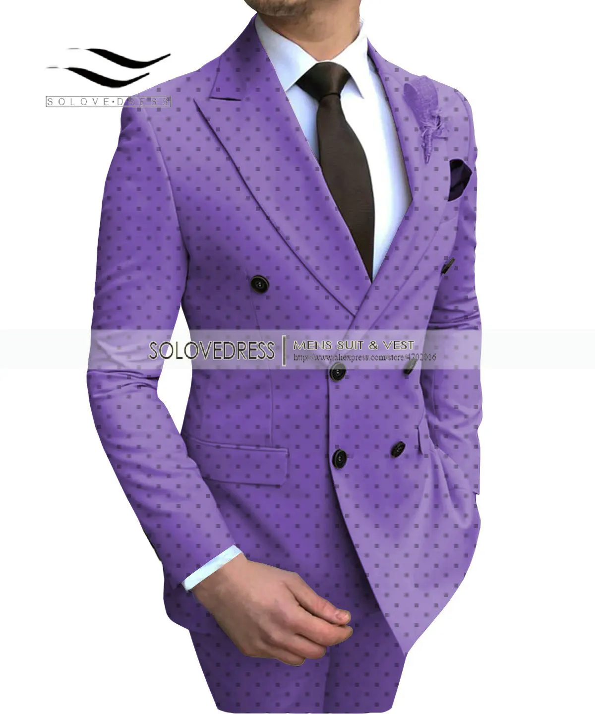 Light purple Men's 2 Pieces Poika dot Bussiness Suit Double Breasted Regular Fit Notch Lapel Prom Tuxedos For Wedding/Party(Blazer+Pants - Color: Light purple