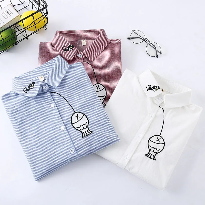 

Autumn Long Sleeve Strip Shirt Embroidered Harajuku Cartoon Kitted Fishing Cotton Womens Tops and Blouses