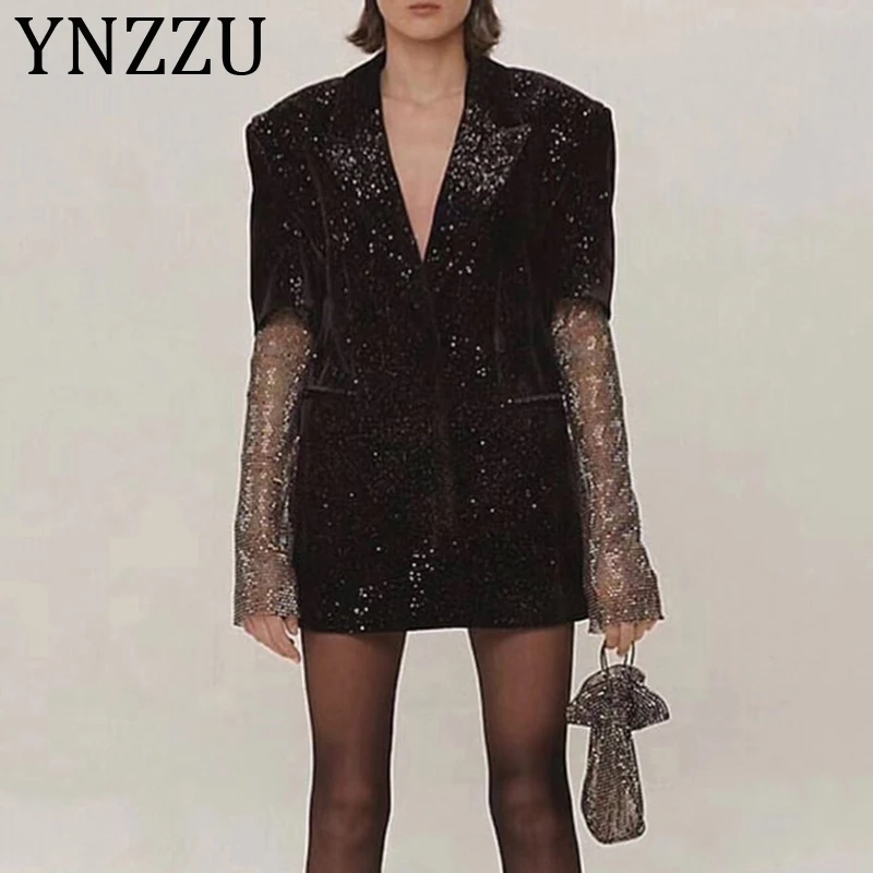 

YNZZU European Style Shining Chic Blazer Women 2019 Autumn Mesh Patchwork Sleeve Rhinestone Women Blazers and Jackets A1247