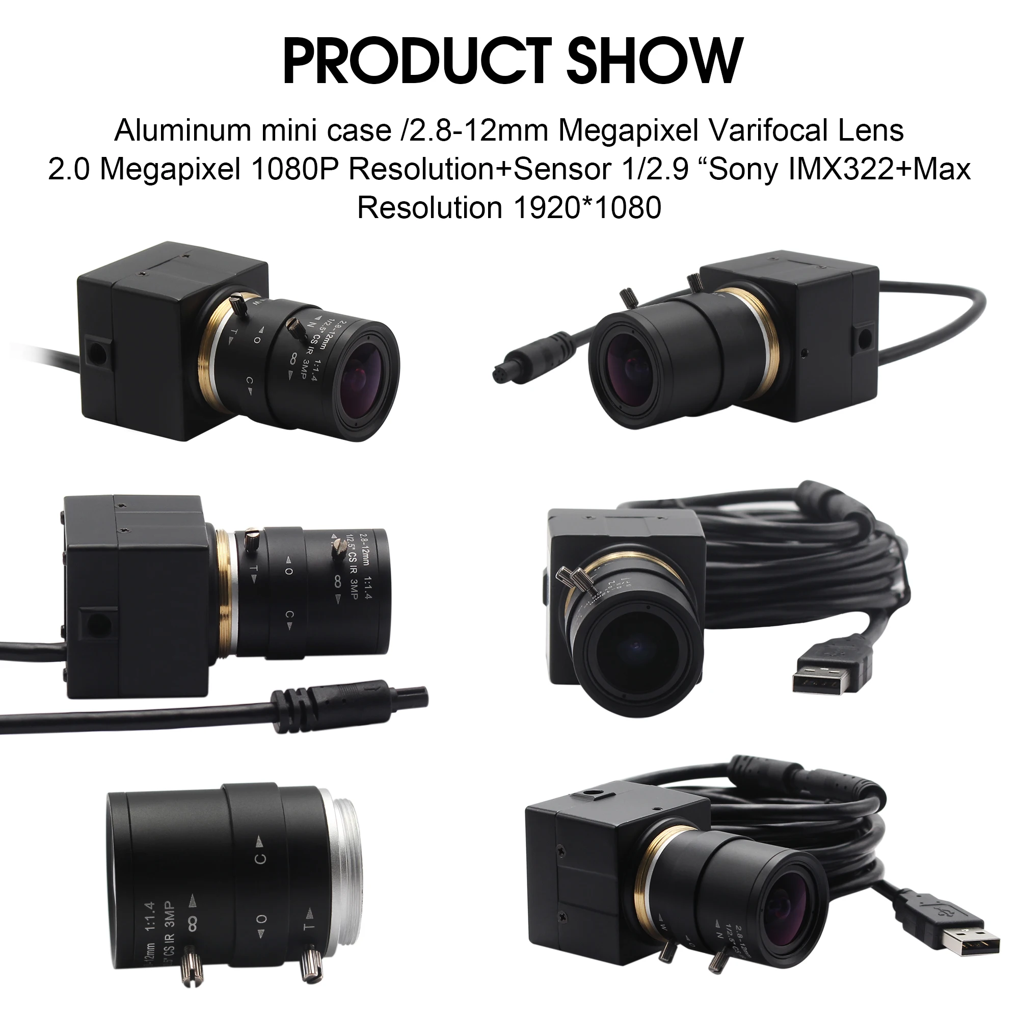 CS 마운트 2.8-12mm varifocus 렌즈 H.264 30fps 1920*1080 저조도 0.01lux 컬러 CMOS IMX322 센서 USB 카메라 웹캠