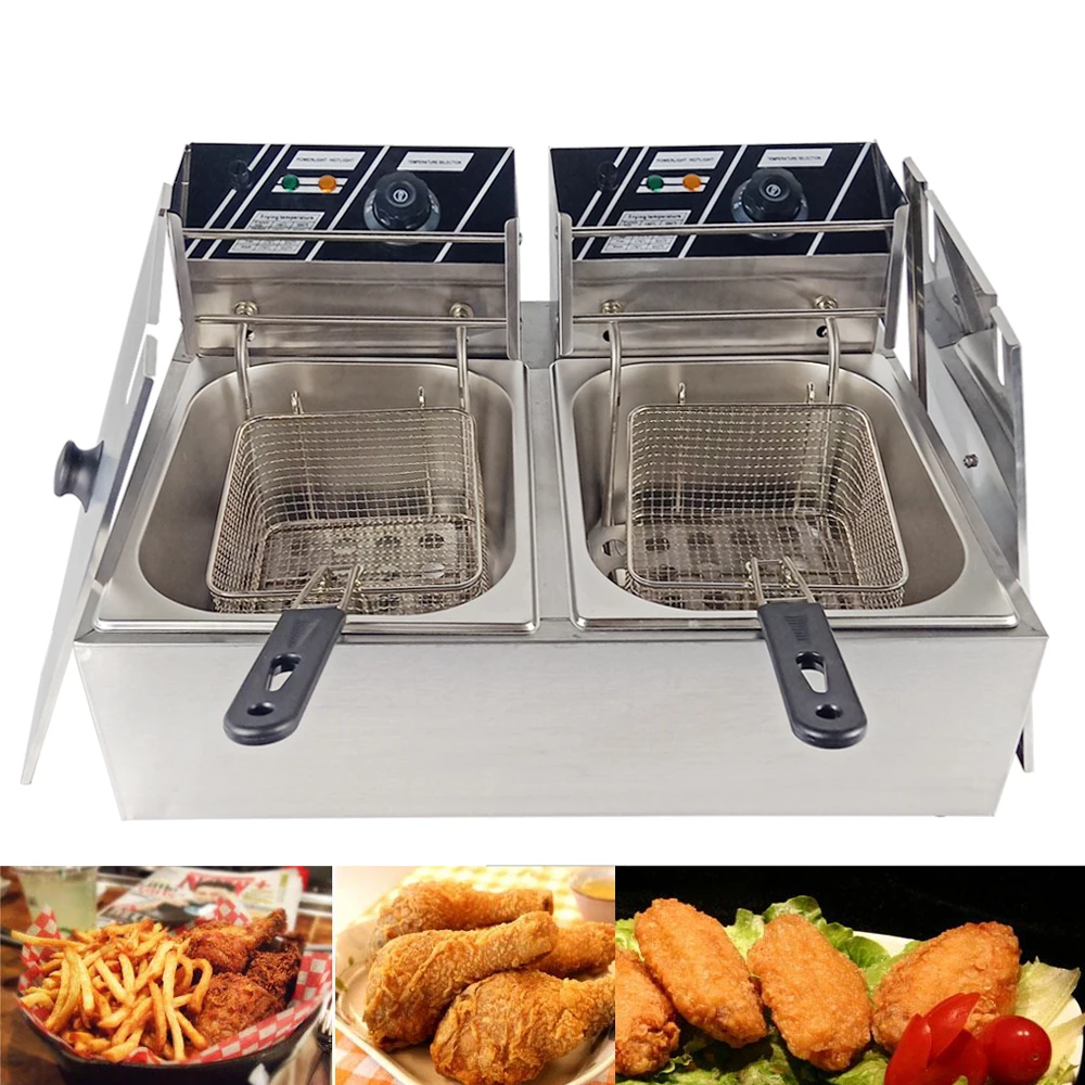 

Durable double baskets double tanks electric deep fryer with temperature control indicator kitchen use fries chicken fryer