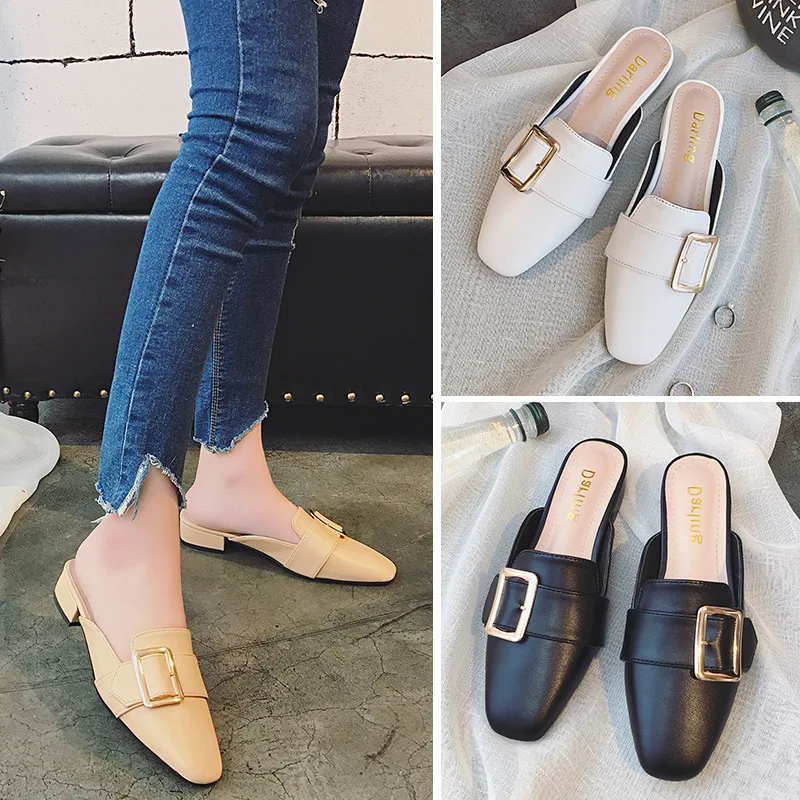 

2019 Spring New Style Flat Square Head Square Heel Closed-toe Casual Metal Square Buckle Lazy Slip-on WOMEN'S Slippers