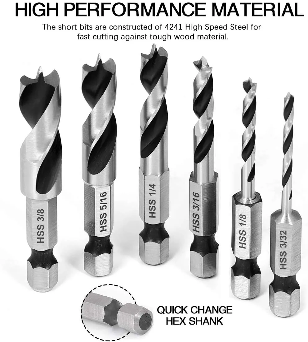 

6Pcs Drill Bit Set HSS SAE Brad Point Stubby Drill Bits For Wood With 1/4-Inch Quick Change Hex Shank 3/32 1/8 3/16 1/4 5/16 3/8