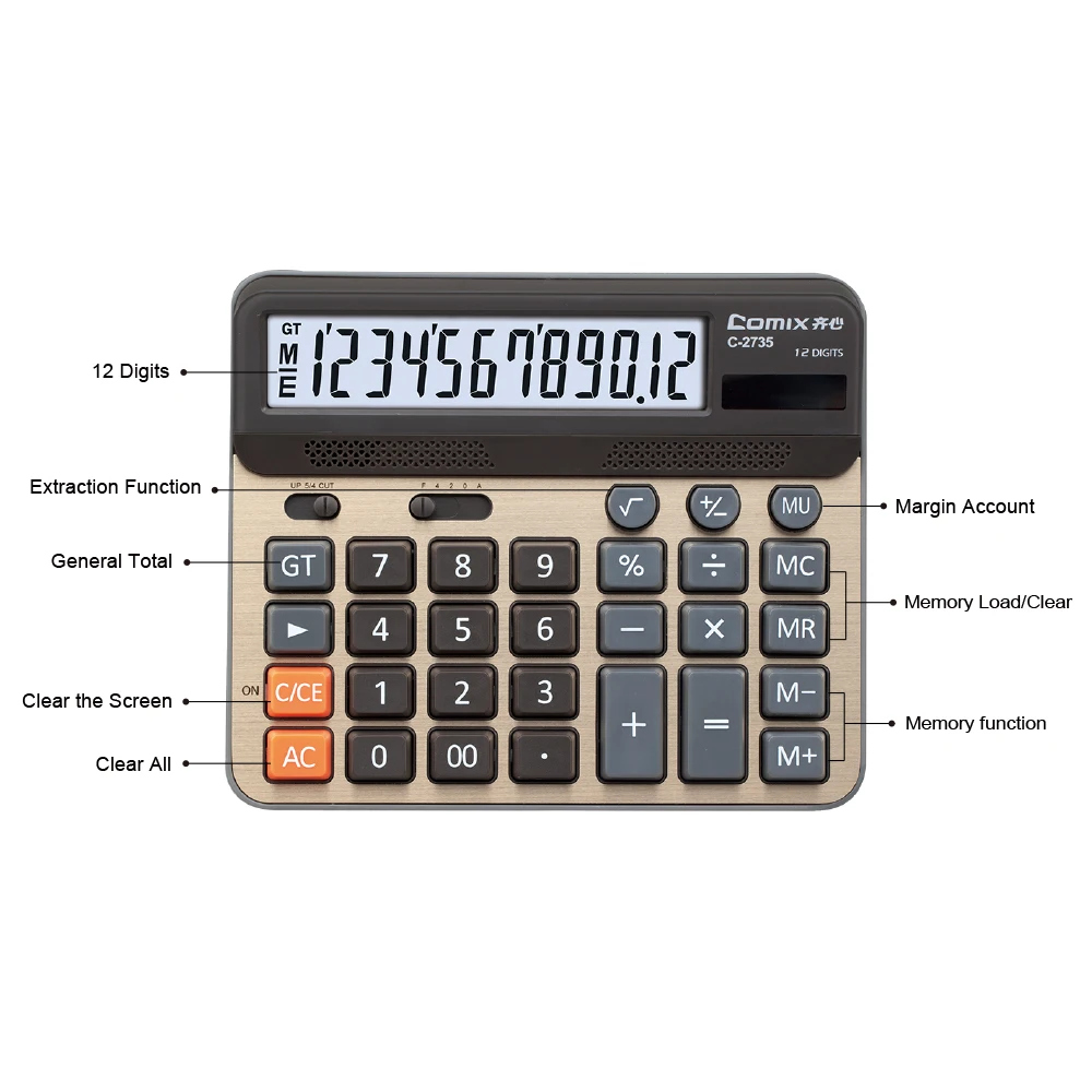 Настольный калькулятор Comix, большие компьютерные ключи, 12 цифр дисплей, бледно-палевый, золотистый цвет панели, C-2735