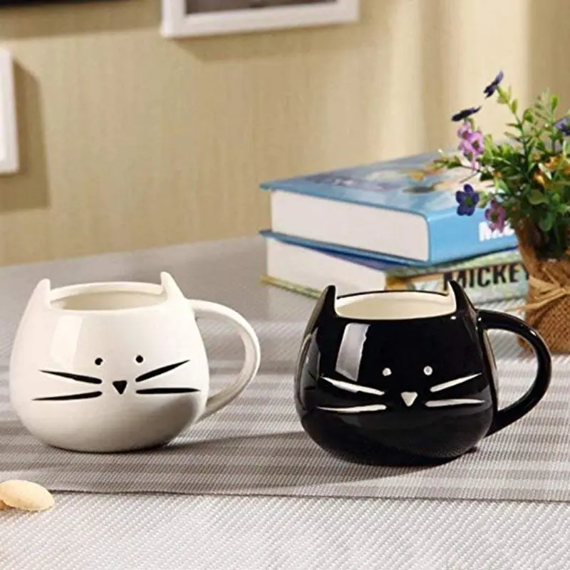 Белая черная милая чашка для завтрака с рисунком котенка керамическая кофейная