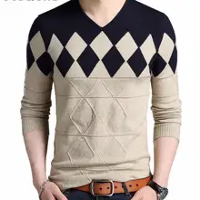 Кашемировый шерстяной свитер мужской осенне-зимний пуловер узкий мужской с узором «ромбиками» с v-образным вырезом, домашние свитеры