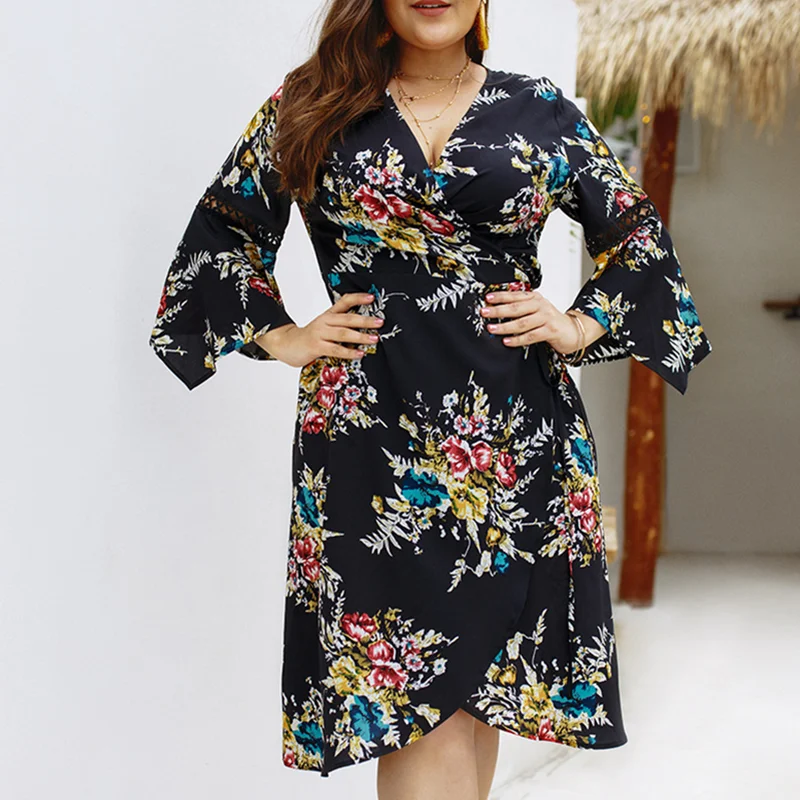 Plus Size Women Dress Summer Flower Print Fat Spring Dress Women V-neck Vestidos Big Size Elegant Bodycon Female Clothes Dresses