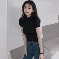 Basic Knit turtleneck Women T Shirt  Summer Spring Ribbed Cotton Pullover Tops Soft Female Short Sleeves Tshirt 9 colors - Image 3