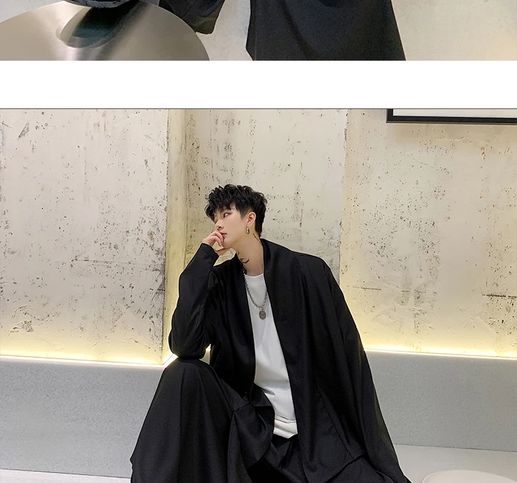 Men Japan Style Streetwear Gothic Irregular Windbreaker Jacket Kimono Cardigan Male Black Trench Coat Outerwear Stage Clothes