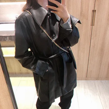 

New Faux Leather Woman Jacket Turn Down Collar Belt Loose Fashion Autumn Female Leather Clothings
