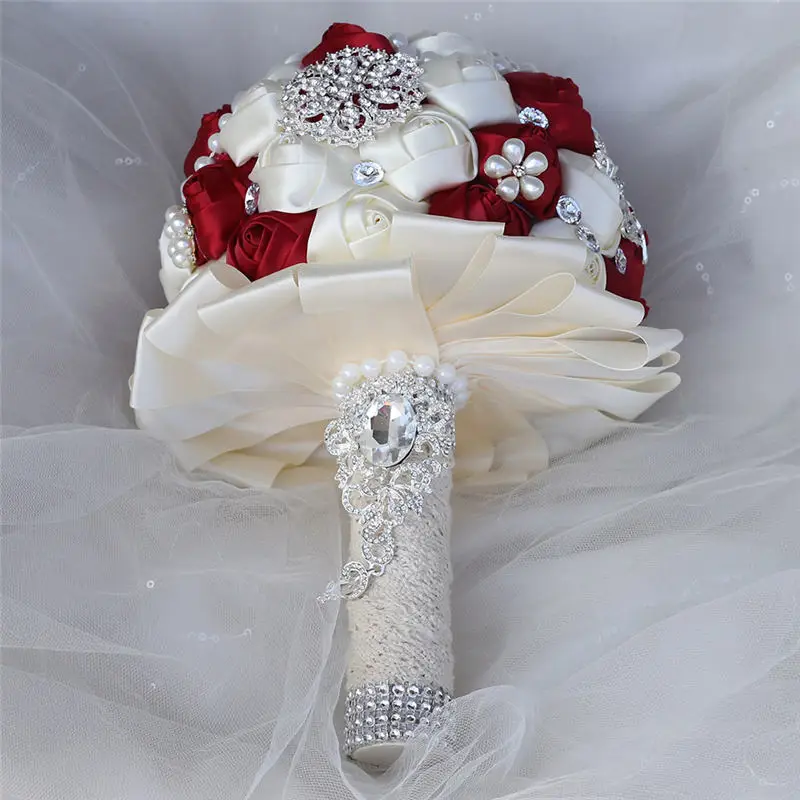 WifeLai-A 20CM Wedding Flower Bridal Bridesmaid Bling Rhinestone Bouquets Handmade Foam Rose Flowers Ivory Holding Bouquet W3217