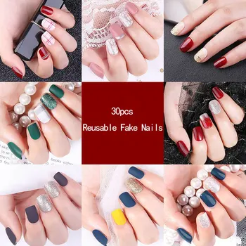

30pcs Elegant False Nails Full Cover French Short Fake Nails With Glue Reusable False Nail Artificial Tips Press On Nail