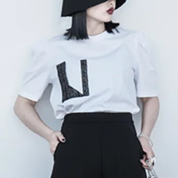 

XUXI O Collar Loose Short-sleeved T-shirt Female Fashion Design Sense Mixed Bright Silk Fake Pocket Bubble Sleeve Top FZ1874