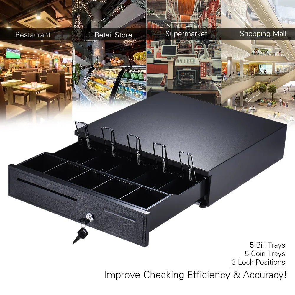

Heavy Duty Electronic Cash Drawer Box Case Storage 5 Bill 5 Coin Trays Check Entry Support Auto Manual Open Key-lock RJ11