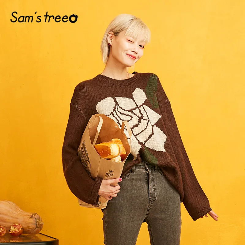 

SAM'S TREE Coffee Big Floral Korean Oversize Sweater Women Clothes 2019 Autumn Drop Shoulder Casual Office Ladies Knitted Tops
