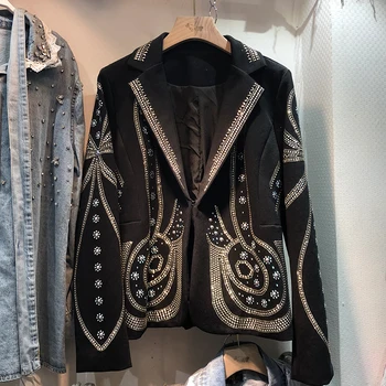 

2020 Autumn New Graceful Gold Hot Drilling Blazer Coat Female Heavy Industry Design Suit Women Black Cropped Jacket Blazers Top