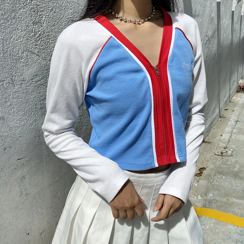 IAMSURE Autumn Patchwork Long Sleeve Skinny Blouse For Women Korean Streetwear Fashion Contrast Color Female Crop Tops Shirts