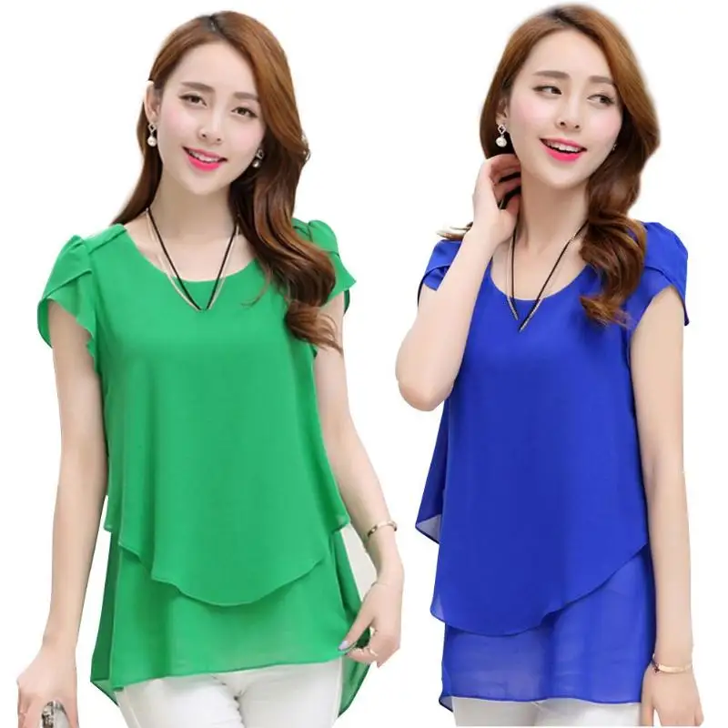 

Plus Size Solid Color O-neck 2 Layer Chiffon T-shirts Women Irregular Tops
