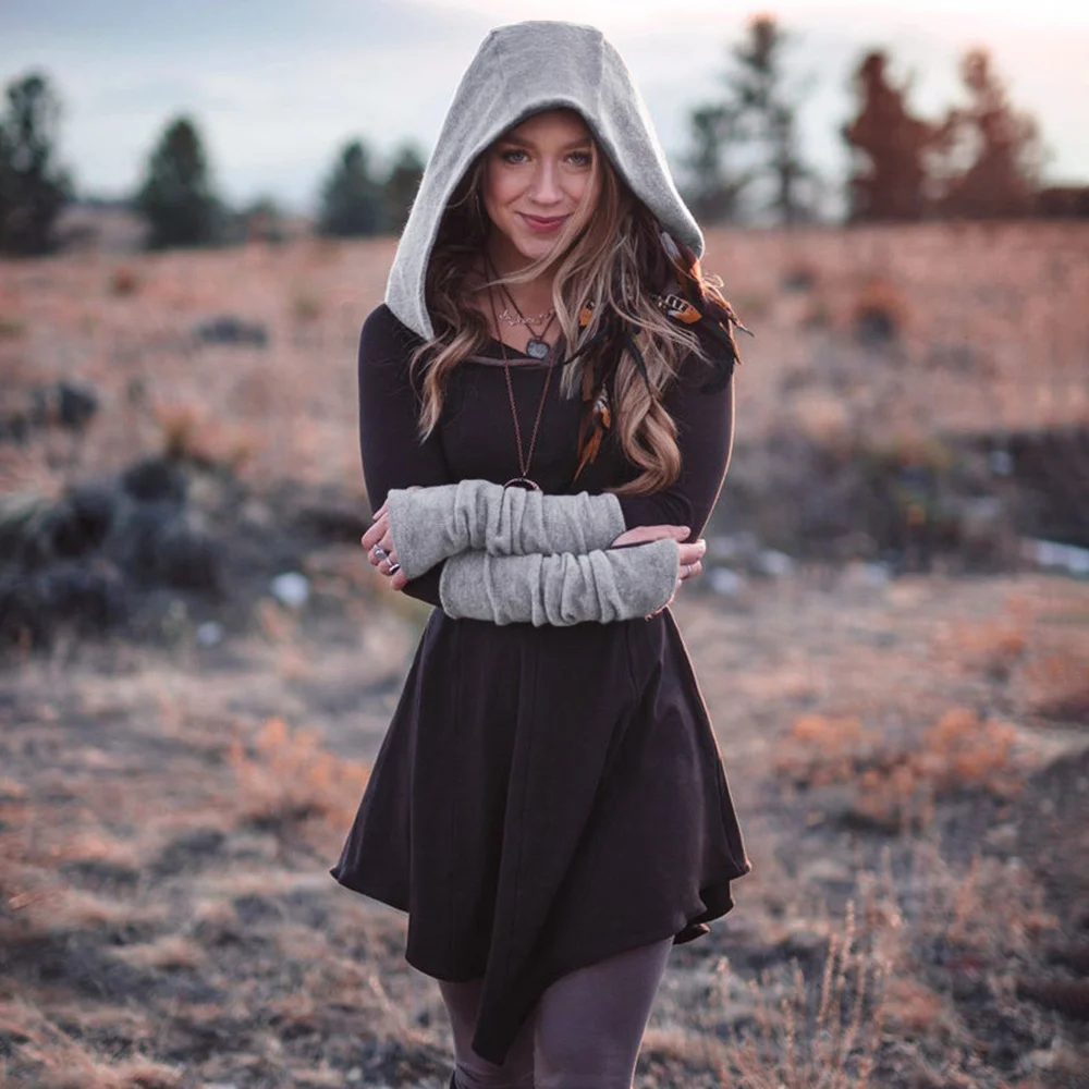 Flecking Gray Контрастное асимметричное женское платье с длинным рукавом и большим капюшоном, тонкое платье с капюшоном, винтажное женское осенне-зимнее платье-Толстовка D25 - Цвет: Flecking Gray