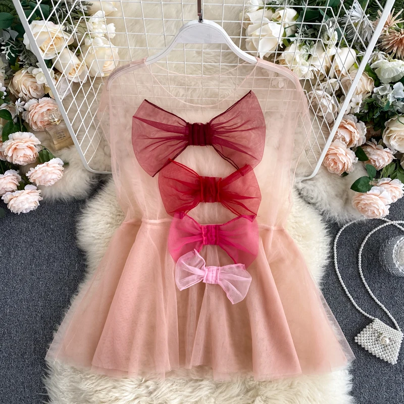 

Sweet Girl Outfit Top Female Top Contrast Color Bow Splicing Gauze Blouse Ladies Tops Smock Blouse Girls Shirt