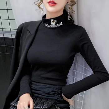 

New High Stretch Cotton Long Sleeve T-Shirt Women's Half Neck Tees Small Daisy Embroidery Bottom Tops