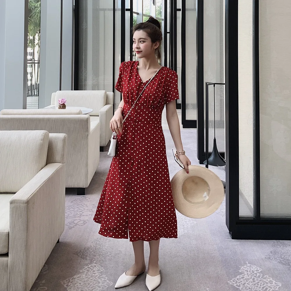 

Korean-style INS Mid-length V-neck Skirt 2019 Summer New Style WOMEN'S Dress French Retro Waist Hugging Polka Dot Dress
