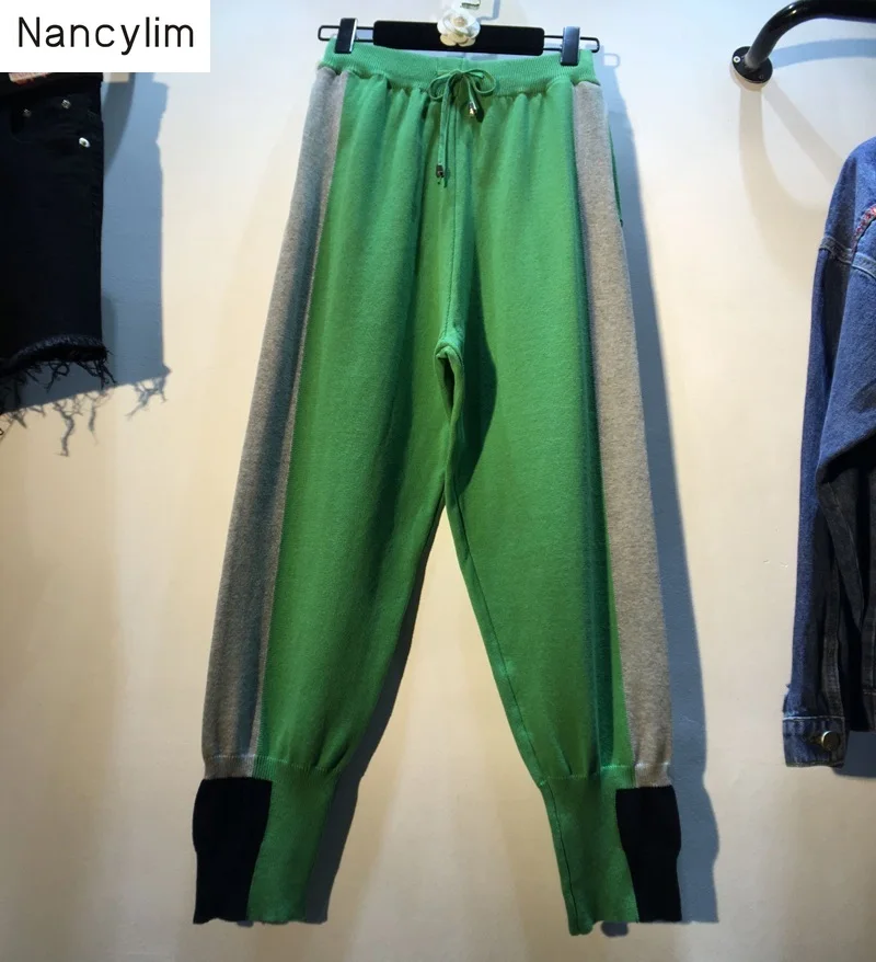 Трикотажные брюки для женщин 2019 Осень европейские товары новое крепление для веревки талия высокая талия цветная нашивка Nine-point