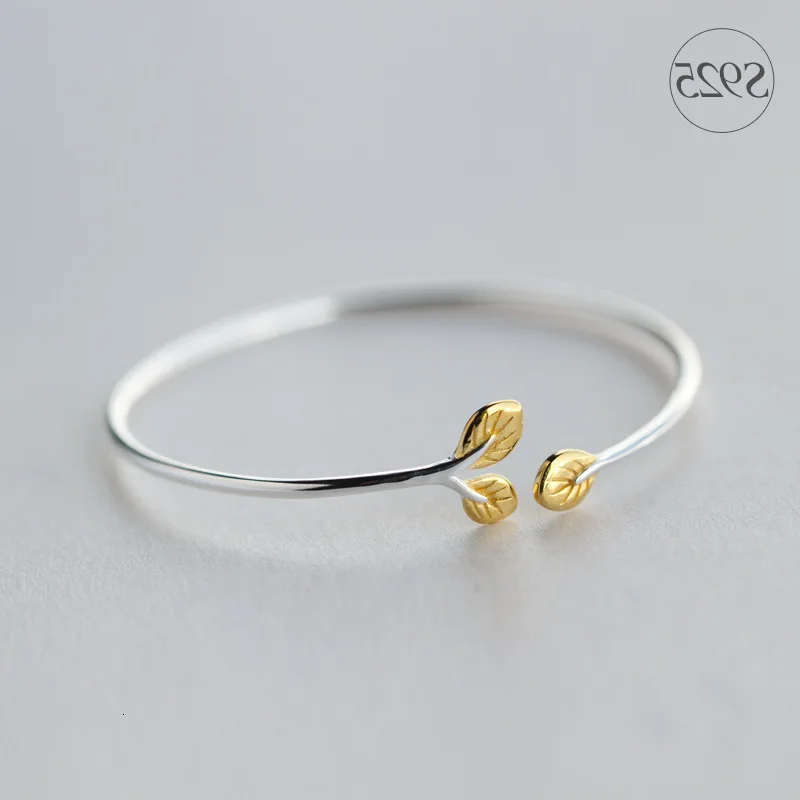 

925 Genuine Sterling Silver Golden Branch Leaf Cuff Bangle Bracelet Adjustable Size LS163
